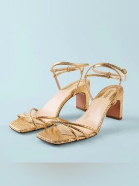 Rouje Gold Strappy Python Yolande Ankle-Tie Sandal Heels